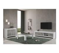 DENAE - Ensemble Salon Blanc et Gris Marbré Meuble TV + Buffet 2 Portes + Table Basse Carrée -