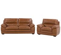 Ensemble Salon Canapé Fixe et Fauteuil en Cuir Haut de Gamme Marron pour 4 Personnes Design Intemporel Beliani