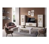 JEMMA - Ensemble Salon Complet Blanc Décor Doré Meuble TV et Vitrines avec Leds + Table Basse -