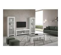 DENAE - Ensemble Salon Complet Blanc et Gris Marbré Meuble TV + Table Basse + Vitrines Leds -