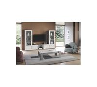 Ensemble Salon Complet Blanc et Marbre Meuble TV et Vitrines avec Leds + Table Basse - CLARK -