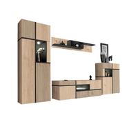 Ensemble salon complet CRISS - Meuble TV, Buffet haut, Vitrine, Étagère murale - Chêne clair et noir avec LED