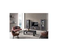 GUEDA - Ensemble Salon Complet Effet Marbre Anthracite Meuble TV et Vitrines avec Leds + Table Basse -