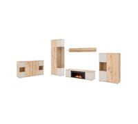 Ensemble salon complet ERINA - Buffet bas, Buffet haut, Vitrine, Étagère, Meuble TV cheminée bio-éthanol - Chêne clair et beige