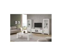 DENAE - Ensemble Salon Complet Laqué Blanc Brillant Meuble TV + Table Basse + Vitrines Leds