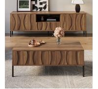 Ensemble Salon Complet Meuble TV 160cm + Table Basse Bois Massif Motif Ondulé - Rangement Wabi-Sabi Moderne Idéal Petit Salon