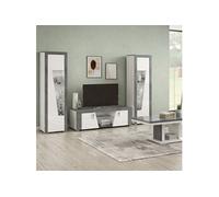 Ensemble salon complet table basse + meuble TV + 2 vitrines blanc et imitation granit gris - NEWELL -