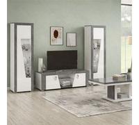 Ensemble salon complet table basse + meuble TV + 2 vitrines blanc et imitation granit gris - NEWELL -