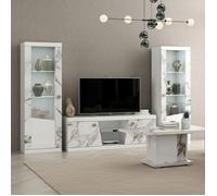 Ensemble salon complet table basse + meuble TV + 2 vitrines blanc et imitation marbre - ETOLIS -