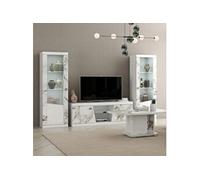 AltoBuy Ensemble Salon Complet Table Basse + Meuble TV + 2 vitrines Blanc et Imitation marbre - ETOLIS