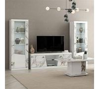 AltoBuy Ensemble Salon Complet Table Basse + Meuble TV + 2 vitrines Blanc et Imitation marbre - ETOLIS