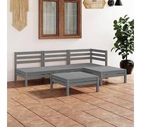 Ensemble salon de jardin 5 pièces en pin massif gris avec canapé d'angle, canapés centraux et tabourets, design modulaire pour jardin, balcon