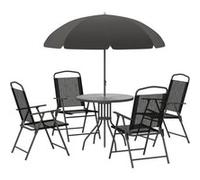 Outsunny - Salon de jardin 6 pcs - Table ronde - 4 chaises pliables + parasol - Acier époxy - Noir