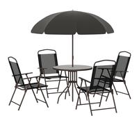 Ensemble Salon De Jardin 6 Pcs - Table Ronde + 4 Chaises Pliables + Parasol - Acier ?Poxy Caf? Textil?Ne Polyester Noir Blanc