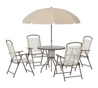 Ensemble Salon De Jardin 6 Pcs - Table Ronde + 4 Chaises Pliables + Parasol - Acier ?Poxy Caf? Textil?Ne Polyester Beige Beige