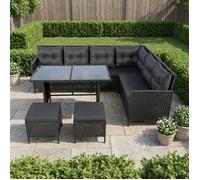 Home Collective Salon de Jardin Lounge 7 Places avec canapé d’Angle | Mobilier de Jardin avec Table en Verre trempé & Coussins Confortables | pour terrasse et Jardin | Polyrattan Noir | Noir