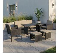 Home Collective Salon de Jardin 7 Places | Meubles d’extérieur | Canapé 3 Places, 2 fauteuils, 2 poufs | Table avec Plateau en Verre et Coussins pour terrasse et Jardin | Polyrattan Noir | Gris