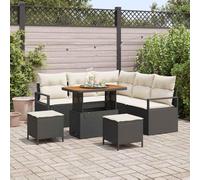 Ensemble Salon de Jardin 8 Pièces Modulable en Polyrotin Noir et Crème avec Coussins, Canapé d'Angle, Table Poufs pour Terrasse, Balcon, Jardin Extérieur Résistant aux UV et aux Intempéries