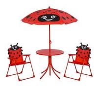 Outsunny Ensemble Salon de Jardin Enfant 4 pcs Design Coccinelle - Table Ronde + 2 chaises Pliables + Parasol - métal époxy Oxford Rouge