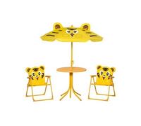 Outsunny Ensemble Salon de Jardin Enfant 4 pcs Design Tigre - Table Ronde + 2 chaises Pliables + Parasol - métal époxy Oxford Jaune