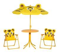 Ensemble Salon De Jardin Enfant 4 Pcs Design Tigre - Table Ronde + 2 Chaises Pliables + Parasol - Métal Époxy Oxford Jaune Jaune