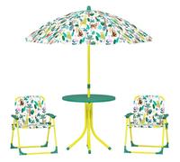 AIYAPLAY Salon de Jardin Enfant, Table Enfant avec 2 chaises Pliantes et Parasol Amovible Ø 100 cm, Motif Jungle, mobilier extérieur Portable Cadeau pour garçon et Fille 2-5 Ans, Vert