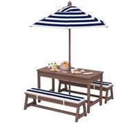 Ensemble salon de jardin extérieur enfant - AIYAPLAY - coussins et parasol amovible - rayé bleu marine et blanc