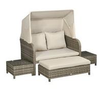 Outsunny Ensemble Salon de Jardin 4 pièces canapé 2 Places + 1 Repose-Pieds + 2 Table Basse avec Coussins - métal galvanisé et résine Aspect rotin - Beige Marron