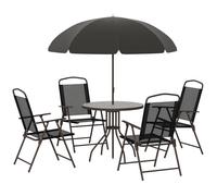 Outsunny - Salon de jardin 6 pcs - Table ronde - 4 chaises pliables + parasol - Acier époxy - Noir