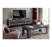 GUEDA - Ensemble Salon Effet Marbre Anthracite Meuble TV 4 Portes + Table Basse -