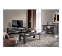 GUEDA - Ensemble Salon Effet Marbre Anthracite Meuble TV + Buffet avec Leds + Table Basse - Altobuy Gris