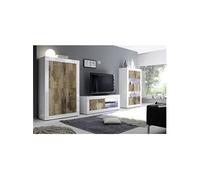 Ensemble Salon Finition Blanc Laqué et Aspect Bois Antik avec Leds - OTELLO - ALTOBUY Marron G
