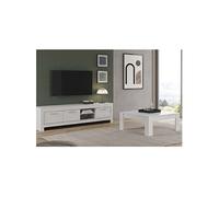 Ensemble Salon Laqué Blanc Brillant Meuble TV 3 Portes + Table Basse Carrée - DENAE -