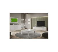 DEYTON - Ensemble Salon Laqué Blanc Meuble TV 4 Portes + Table Basse Carrée + Buffet -