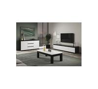 DEYTON - Ensemble Salon Laqué Noir et Blanc Meuble TV 4 Portes + Table Basse 127cm + Buffet -
