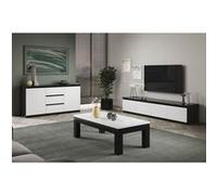 DEYTON - Ensemble Salon Laqué Noir et Blanc Meuble TV 4 Portes + Table Basse 127cm + Buffet -