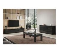 DEYTON - Ensemble Salon Laqué Noir Meuble TV 4 Portes + Table Basse 127cm + Buffet -