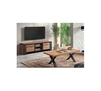 ETIENNE - Ensemble Salon Meuble TV et Table Basse Aspect Bois Piètement X Métal Noir