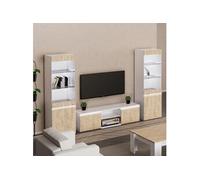 AltoBuy Chris Oak - Ensemble Salon Meuble TV Laqué Blanc Brillant Aspect Bois