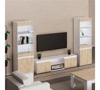 AltoBuy Chris Oak - Ensemble Salon Meuble TV Laqué Blanc Brillant Aspect Bois