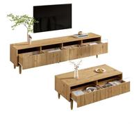 Ensemble Salon Moderne Ensemble meuble TV 4 portes + table basse 2 tiroirs design bois/or - LED,façade acrylique & structure