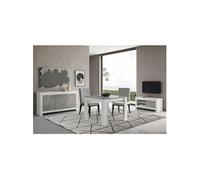 DENAE - Ensemble Salon Séjour Blanc et Gris Marbré Meuble TV + Buffet 3 Portes + Table 100cm -