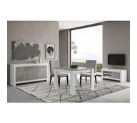 DENAE - Ensemble Salon Séjour Blanc et Gris Marbré Meuble TV + Buffet 3 Portes + Table 100cm -