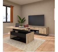 Ensemble salon table basse relevable + meuble TV aspect bois et noir - OSTAREL