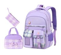Ensemble scolaire léger pour filles avec sac à dos trousse et lunchbox modèle trois pièces adapté aux élèves de 5 à 15 ans usage quotidien design double sangle finition imperméable et (Purple, L)