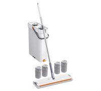 Ensemble seau à franges - Outil de nettoyage humide et sec avec 4 tampons en microfibre - Balai plat mains libres et seau pour sol en bois dur, carrelage, cuisine, salle de bain, salon, fenêtre