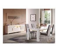 JEMMA - Ensemble Séjour Blanc Décor Doré Table 160cm + Buffet avec Leds -