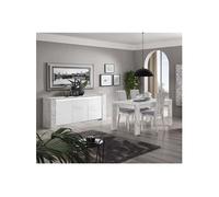 PRAVA - Ensemble Séjour Blanc et Effet Marbre Table 160cm + Buffet avec Leds -