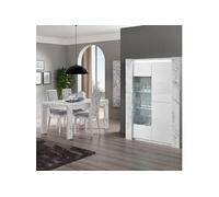 PRAVA - Ensemble Séjour Blanc et Effet Marbre Table 160cm + Vitrine avec Leds - Altobuy Blanc