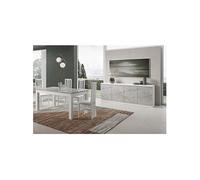 Ensemble Séjour Blanc et Gris Marbré Table 160cm + Buffet 3 Portes - DEYTON -